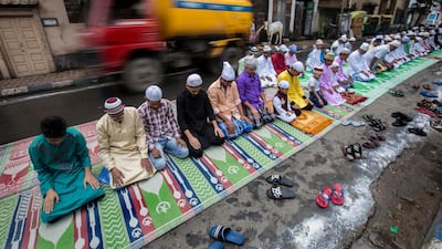 Indian Muslims offer Eid al-Adha prayers in a street in Calcutta, India, 02 September 2017. In recent weeks, Hindu nationalists have disrupted groups of Muslim men offering public prayer. Piyal Adhikary / EPA