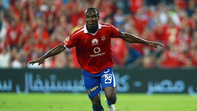 Al Ahly's John Antwi celebrates after scoring against AS Roma in their friendly at Al Ain's Hazza bin Zayed Stadium on Friday night. Nezar Balout / AFP / May 20, 2016
