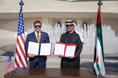Saeed Al Hajeri, UAE Minister of State, with US undersecretary of state for economic affairs, Jacob Helberg, at the signing of the Pax Silica agreement at Zayed National Museum, Abu Dhabi. Antonie Robertson / The National
