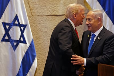 Donald Trump with Benjamin Netanyahu at the Israeli parliament on Monday. EPA