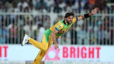Sharjah, United Arab Emirates - December 02, 2018: Pakhtoons' Shahid Afridi during the game between between Pakhtoons and Northern Warriors in the T10 final. Sunday the 2nd of December 2018 at Sharjah cricket stadium, Sharjah. Chris Whiteoak / The National
