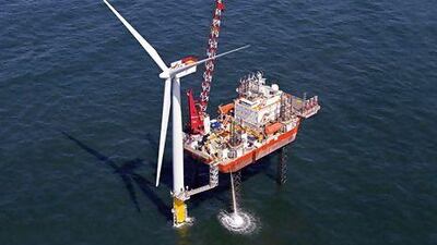 The Gulf Marine Services vessel Endeavour at work on an offshore wind turbine.