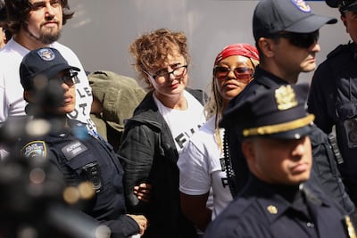 NYPD officers detain Susan Sarandon and pro-Palestinian demonstrators who were blocking First Avenue near the United Nations headquarters building. AFP