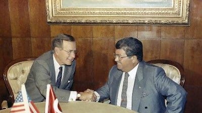 Rumours have lingered for years about the 1993 death of the late Turkish president Turgut Ozal, pictured here with US president George Bush in 1991.