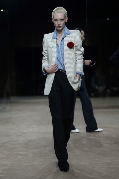 Haider Ackermann's suits come in baby blue, black, olive and white. Photo: Tom Ford