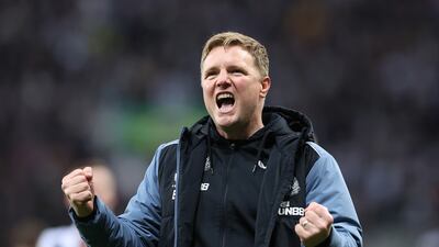 Newcastle manager Eddie Howe celebrates with fans as the Magpies clinched a Champions League berth with a 0-0 draw against Leicester. Getty