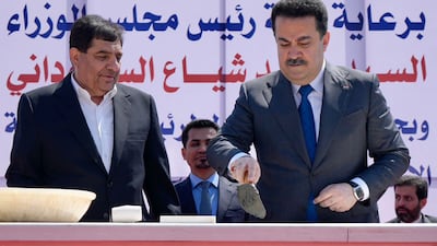 Iraq Prime Minister Mohammed Shia Al Sudani and Iran's Vice President Mohammad Mokhber lay the foundation stone for the railway connection project at the Shalamcheh border crossing. Photo: Iraq's Prime Minister's Media Office