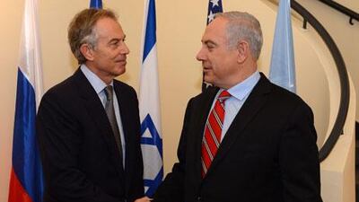 Tony Blair, left, meets Israel's prime minister Benjamin Netanyahu in Jerusalem last week. Kobi Gideon / EPA