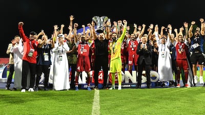 Sharjah players celebrate after their AFC Champions League Two final victory over Lion City Sailors at Bishan Stadium in Singapore on May 18, 2025. All photos: AFC
