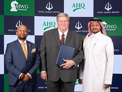 From left, Lakshmi Narayanan, vice chairman of Patel Family Office, Marc Gunderson, Founder of MWG Enterprises, and Abdulmalik Alqahtani, chief executive of AHQ Group. Photo: Mera Oil Consortium