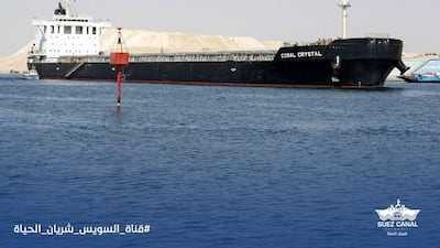 The 'Coral Crystal' cargo ship that ran briefly ran aground in the Suez Canal on September 9, 2021. Photo: Suez Canal Authority