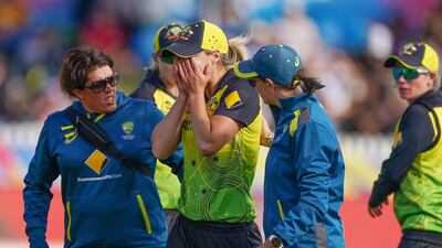 A distraught Ellyse Perry after Australia's star player is forced to leave the field injured during their Women's T20 World Cup cricket match against New Zealand in Melbourne, on Monday, March 2. She was then ruled out of the rest of the tournament.