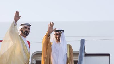Sheikh Mohammed bin Rashid and Sheikh Mohammed bin Zayed bid farewell to guests concluding an official visit to Qatar. Mohamed Al Hammadi / Crown Prince Court - Abu Dhabi