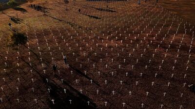 An aerial view taken during a protest against Brazilian President Jair Bolsonaro and in honour of the people who died of Covid-19 in which 1,000 crosses were placed in front of the National Congress in Brasilia. AFP