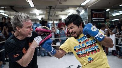 Manny Pacquiao takes part in a sparring session in front of media on Monday in Honk Kong ahead of his November fight against Chris Algieri in Macau. Philippe Lopez / AFP / October 27, 2014