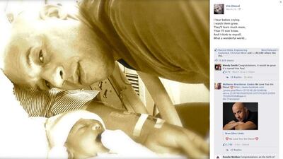 Vin Diesel's Facebook page where he posted a photo of himslef with his newborn baby.