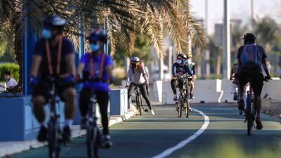 The busy cycle path on Abu Dhabi Corniche. Abu Dhabi is becoming a biking city. Victor Besa / The National