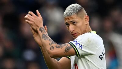 Tottenham Hotspur's Brazilian striker Richarlison applauds the fans as he leaves the pitch after being substituted off during the English Premier League football match between Tottenham Hotspur and Nottingham Forest at Tottenham Hotspur Stadium in London, on March 11, 2023. (Photo by JUSTIN TALLIS / AFP) / RESTRICTED TO EDITORIAL USE. No use with unauthorized audio, video, data, fixture lists, club/league logos or 'live' services. Online in-match use limited to 120 images. An additional 40 images may be used in extra time. No video emulation. Social media in-match use limited to 120 images. An additional 40 images may be used in extra time. No use in betting publications, games or single club/league/player publications. /