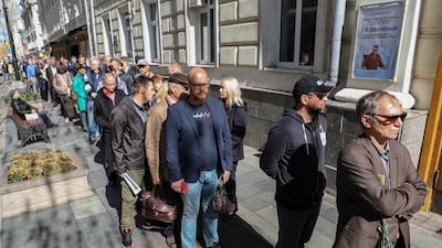 People queue at the memorial service, after which Gorbachev was buried at the Novodevichy Cemetery in Moscow next to the grave of his wife Raisa. EPA