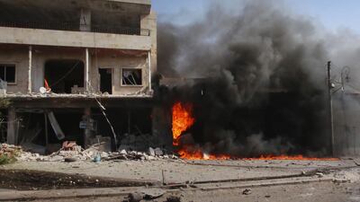 Fire and smoke billow following an airstrike by regime forces in Maaret al-Numan in northwest Syria. Russian and Syrian regime aircraft have since late April ramped up the deadly bombardment of the Idlib region of some three million people in northwest Syria, despite a deal to avert a massive government assault. AFP