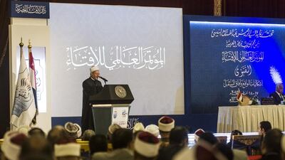 Shawki Ibrahim Abdel-Karim Allam, the Grand Mufti of Egypt, speaks during the opening session of the Fatwa international conference in Cairo. Khaled Desouki / AFP