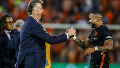 Netherlands coach Louis van Gaal and Memphis Depay after the match. EPA