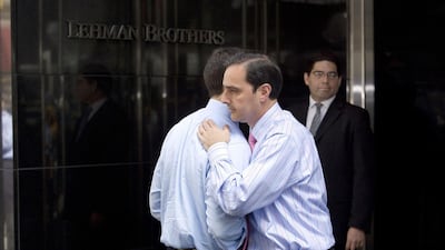 The moment in September 2008 when Lehman Brothers collapsed, precipitating the worst global economic crisis since the 1930s. Nicholas Roberts / AFP