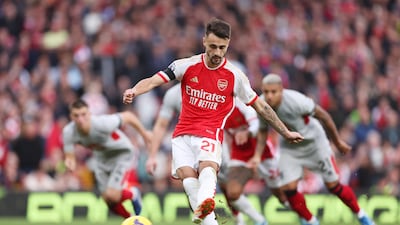 Fabio Vieira of Arsenal scores the team's fourth goal from the penalty spot. Getty Images