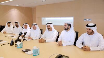 From left: Badr Al Ghurair, chief executive of Al Ghurair Construction, Ibrahim Al Ghurair, director of Al Ghurair Investment, Rashid Al Jarwan, chairman of Al Ghurair Investment, Abdulaziz Al Ghurair, chairman of UBF and chief executive of Mashreq, Ali Lootah, chairman of Nakheel aand board member of Al Ghurair Investment, Rashid Al Ghurair, chief executive of Mena Energy and board member of Al Ghurair Investment, and Mansoor Al Ghurair, son of Abdulaziz Al Ghurair. Courtesy Abdullah Al Ghurair Education Foundation