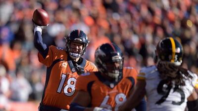 Denver Broncos quarterback Peyton Manning, left, throws a pass against the Pittsburg Steelers in the first quarter of their AFC Divisional Round Playoff at Sports Authority Field at Mile High in Denver, Colorado, USA 17 January 2016. EPA/BOB PEARSON