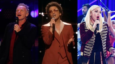 From left: Pop stars Sting, Bruno Mars and Gwen Stefani will perform residency shows at Las Vegas in 2021. Getty Images, Reuters, AFP