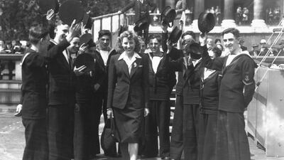 British singer Vera Lynn receives a grand welcome as she arrives in Trafalgar Square, London, to sing during the 'Salvage Week' campaign on June 10, 1943. Getty Images