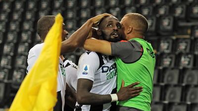 Udinense's Seco Fofana, centre, celebrates scoring against Juventus. AP