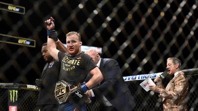 Justin Gaethje of the United States celebrates after defeating compatriot Tony Ferguson in their interim lightweight title fight during UFC 249 at VyStar. Getty