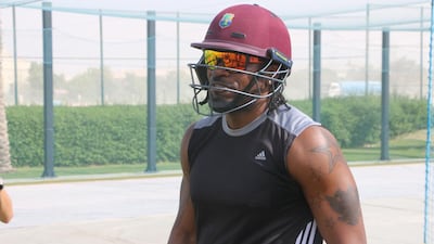 Cricketer Chris Gayle practises in the nets at the ICC Academy in Dubai. 11 November 2015. Courtesy: Dubai Sports Council
