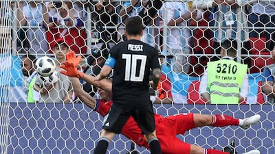 Iceland's Hannes Por Halldorsson saves a penalty taken by Argentina's Lionel Messi. Reuters