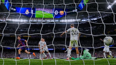Barcelona's Fermin Lopez, left, celebrates after scoring in the 38th minute. AP