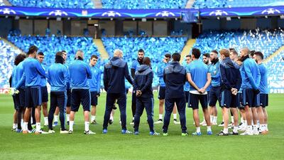 Real Madrid shown during their training session at the Etihad Stadium on Monday ahead of their Champions League semi-final first leg against Manchester City. Paul Ellis / AFP / April 26, 2016