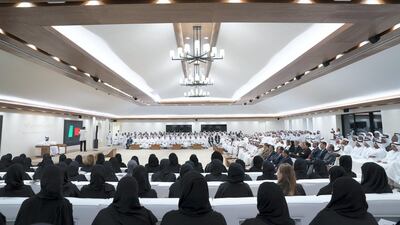 Guests attend a lecture by Dr Beau Lotto (not shown) titled 'The Science of Innovation: Becoming Naturally Adaptable', at Majls Mohamed bin Zayed. Eissa Al Hammadi / Ministry of Presidential Affairs
