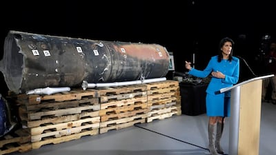 US ambassador to the United Nations Nikki Haley briefs the media in front of remains of Iranian Qiam ballistic missile provided by Pentagon at Joint Base Anacostia-Bolling in Washington on December 14, 2017. Yuri Gripas / Reuters