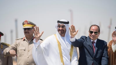 Sheikh Mohammed bin Zayed Al Nahyan Crown Prince of Abu Dhabi Deputy Supreme Commander of the UAE Armed Forces (C) and HE Abdel Fattah El Sisi, President of Egypt (R), inspect members of the Egyptian Armed Forces. Rashed Al Mansoori.