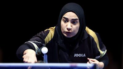 Noora Al Abri of Qatar in action against Majd Al Balooshi of UAE during Day 1 of the 2016 Table Tennis Asian Cup at Dubai World Trade Centre on April 28, 2016 in Dubai. (Photo by Warren Little/Getty Images)