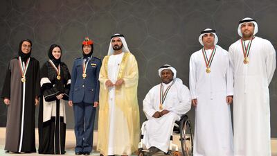 Sheikh Mohammed bin Rashid, Vice President and Ruler of Dubai, with some of the winners at the awards ceremony. Wam