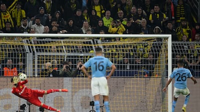 City's Riyad Mahrez has his penalty saved by Gregor Kobel. Getty
