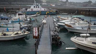 Fishing boats moored in Minamata, Kumamoto. It is feared that coastal areas will sustain heavy damage. AFP