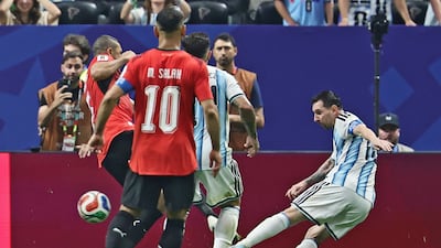 Lionel Messi scores Argentina's second goal in Atlanta. EPA