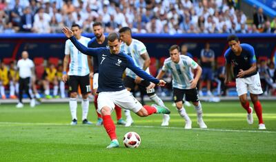 France's Antoine Griezmann scores from the penalty spot in the last-16 clash against Argentina. Dylan Martinez / Reuters