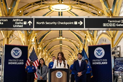 US Secretary of Homeland Security Kristi Noem speaks at Ronald Reagan Washington National Airport on Tuesday, in Arlington, Virginia. AFP