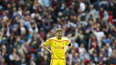 Liverpool's Steven Gerrard reacts during his side's FA Cup semi-final loss to Aston Villa on Sunday at Wembley. Carl Recine / Reuters