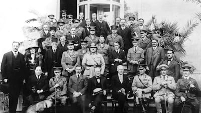 Winston Churchill, at the time Britain’s colonial secretary, is front and centre at the 1921 Cairo conference that set Iraq’s borders. Also in the picture are the Arabist Gertrude Bell (second from left, second row) and Lawrence of Arabia (fourth from right, second row). Getty Images